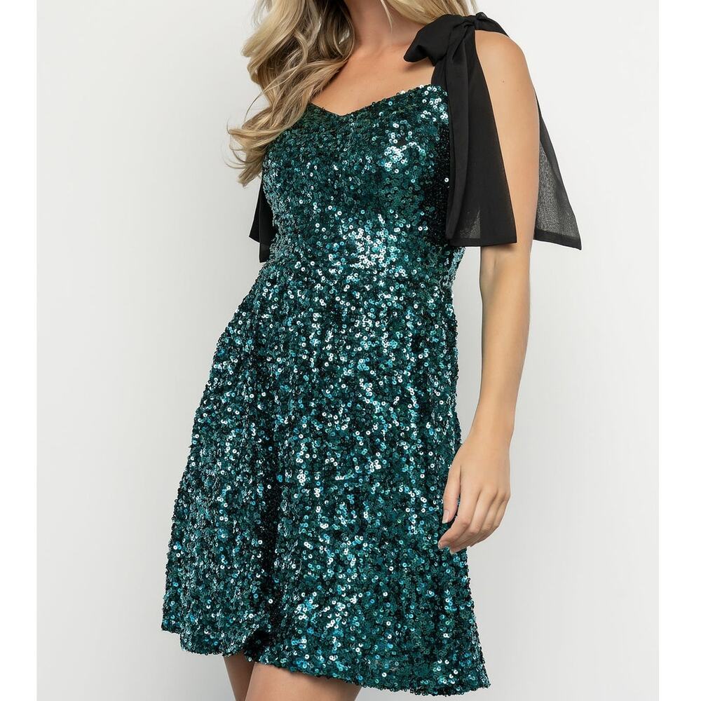 Baltic Born Monochrome Teal Vega Bold Sparkle Sequin Short Mini Dress Large